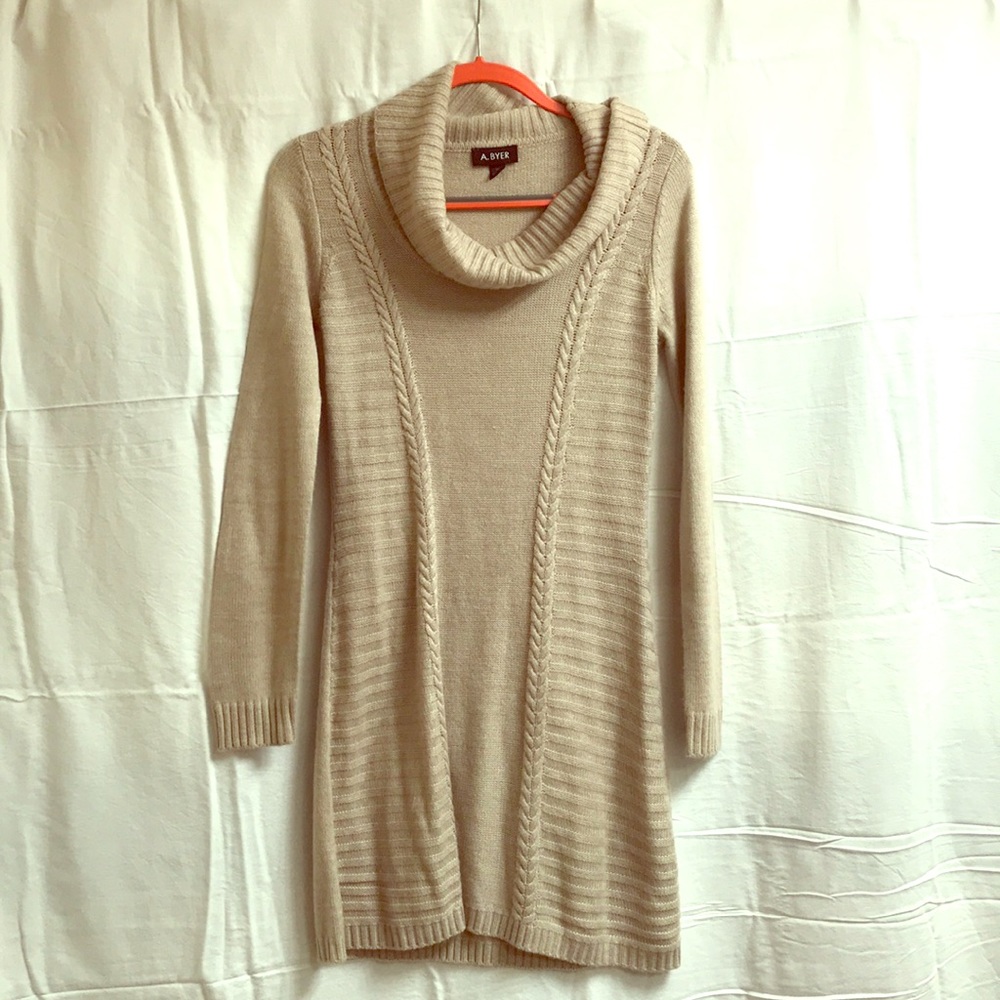 Beige cowl neck sweater dress